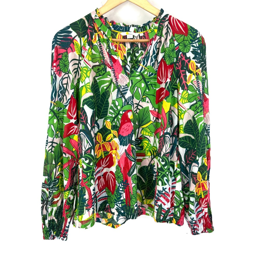 Boden Top Tropical Parrot Jungle Print Ruffle Neck Popover Blouse